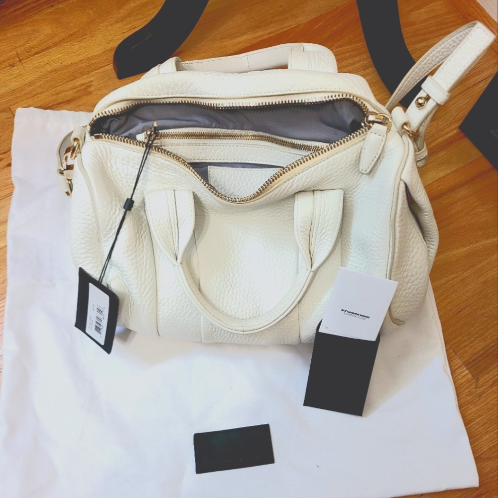 Alexander Wang White Pebbled Leather Rocco Duffel Bag, Gold Hardware.